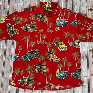 Box Office Island Mens Hawaiian Novelty Print Button Shirt Red Woodie Cars, Sz L